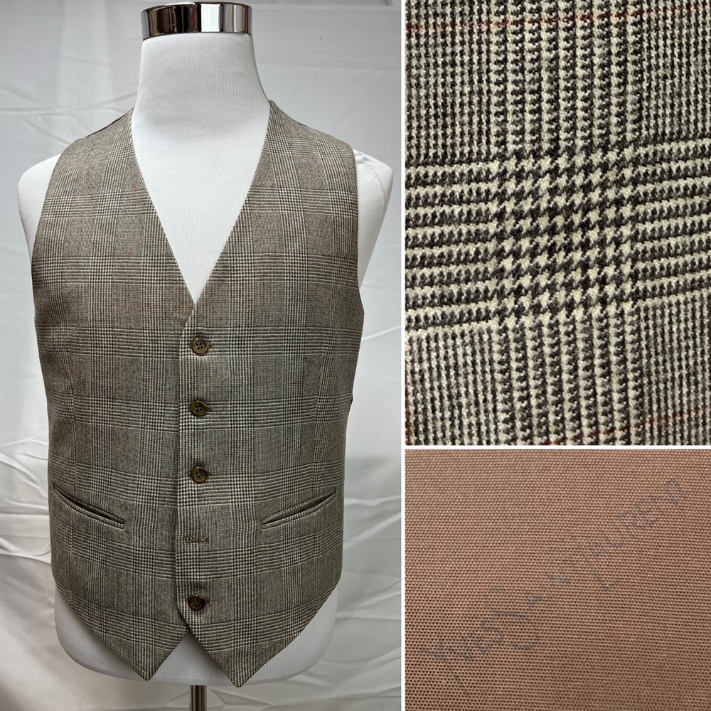 Men's YSL Yves Saint Laurent Houndstooth Plaid Tan Brown Red Vintage Vest Small - Picture 1 of 7